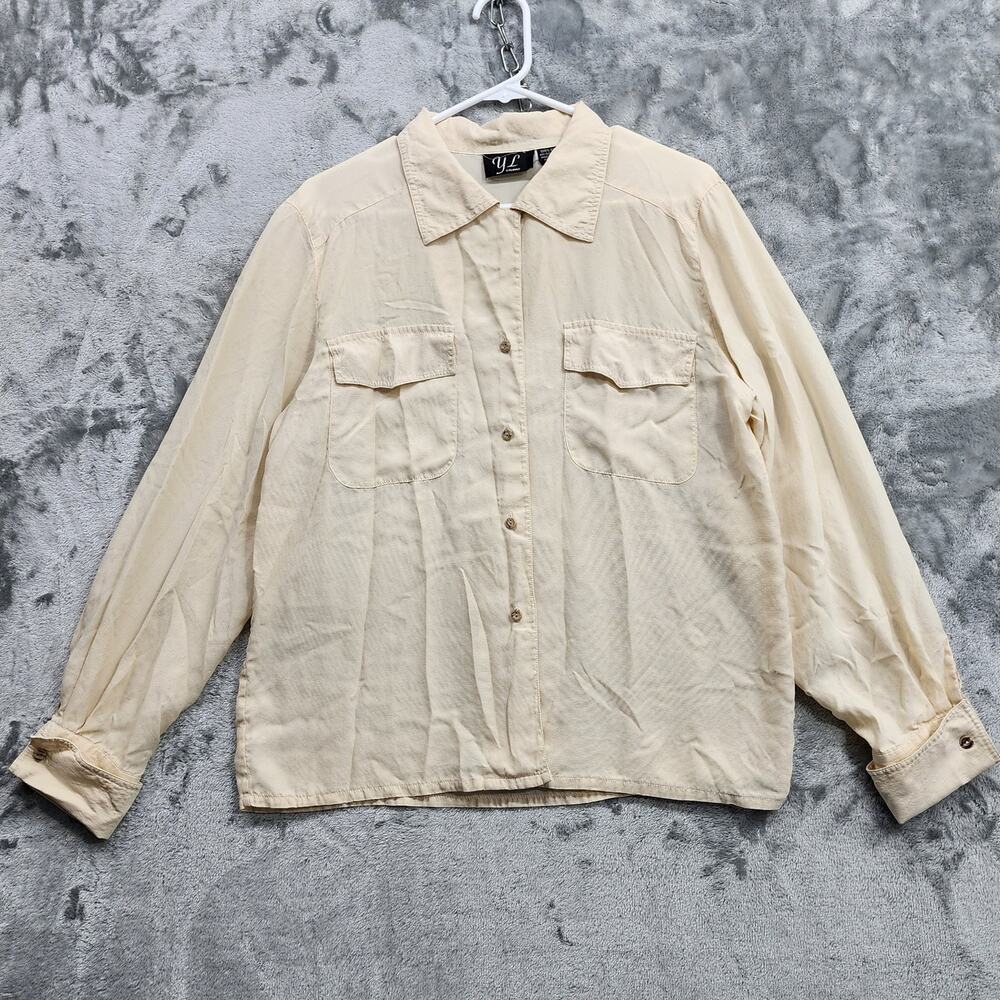 Vintage YL‎ STUDIO Top Womens 10 Ivory Ribbed Textured Silk Long Sleeves Office